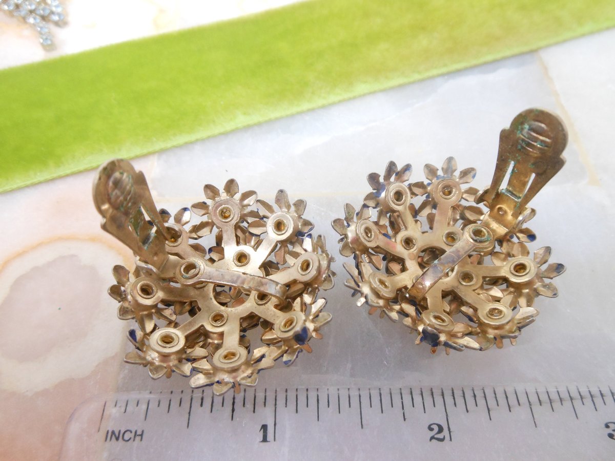 Vintage Flower Earrings Blue Rhinestone Clip On Enamel Jumbo Cluster Jewelry Gift Mid Century, VivianJoel.com