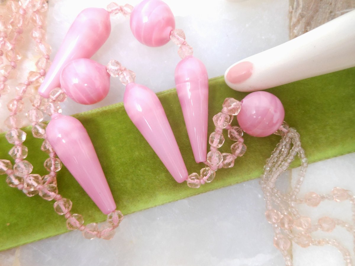 Vintage Art Deco Pink Necklace Tassel Pendant Venetian Murano Blown Glass Bead Hand Cut Long 32" Mid Century Jewelry Gift, VivianJoel.com