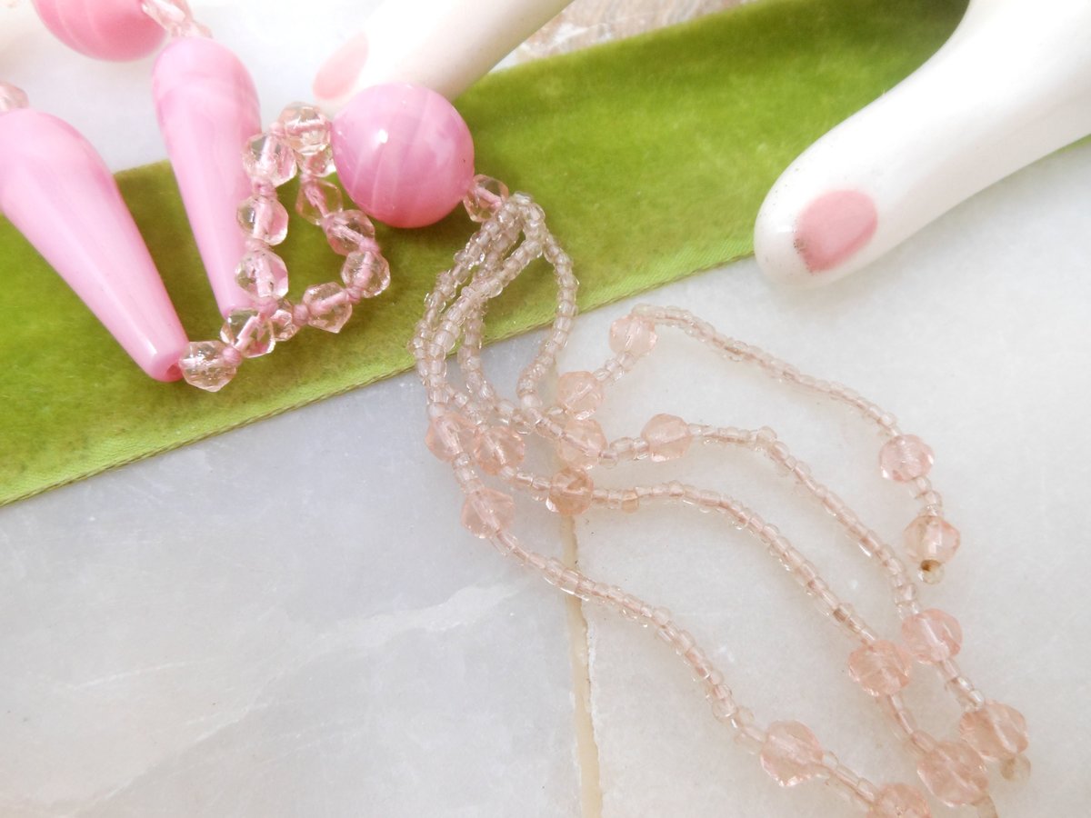 Vintage Art Deco Pink Necklace Tassel Pendant Venetian Murano Blown Glass Bead Hand Cut Long 32" Mid Century Jewelry Gift, VivianJoel.com