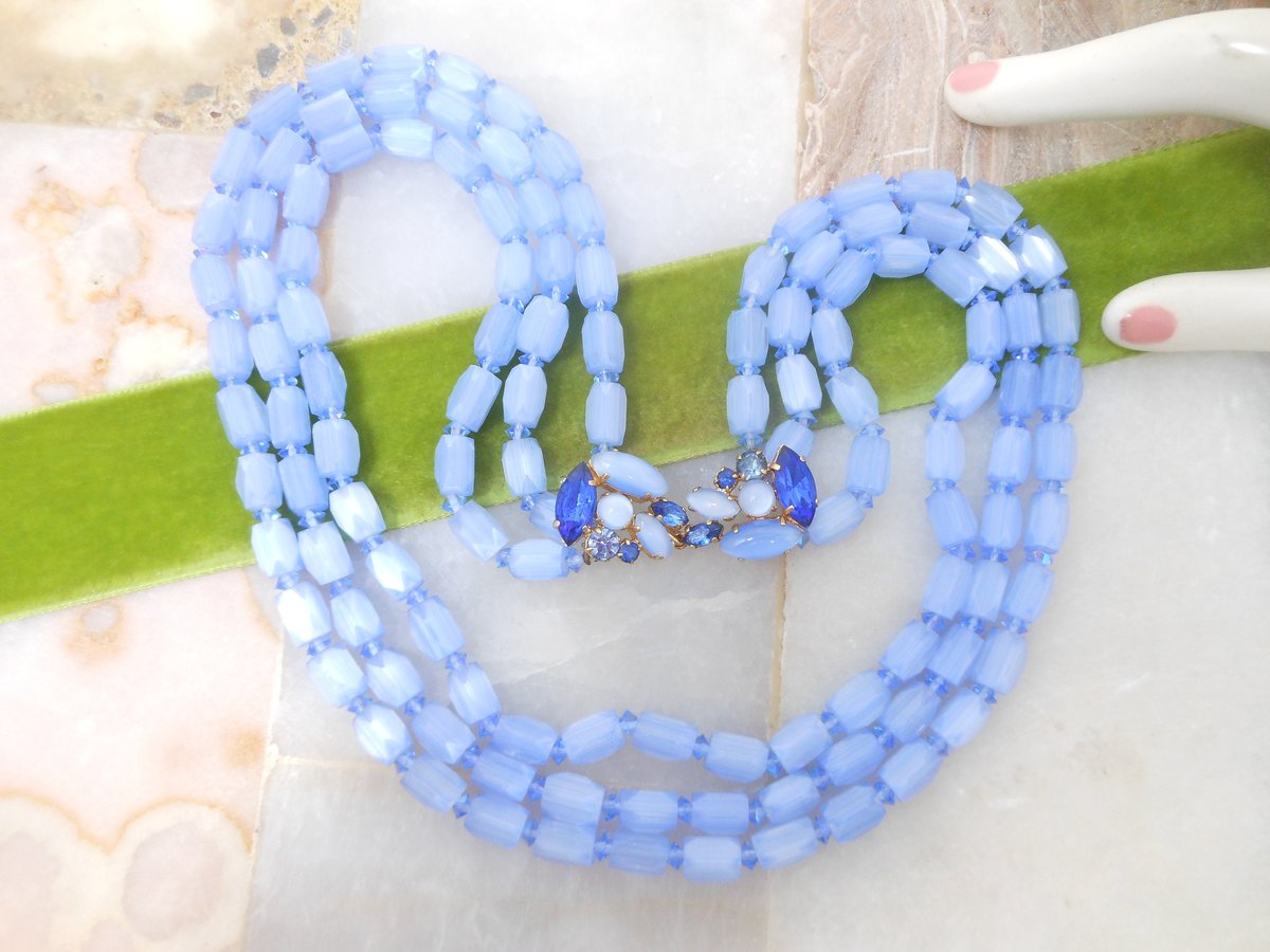Vintage Blue Glass Necklace Three Stand Bib Frosted Bead Rhinestone Fancy Clasp Mid Century Jewelry Gift, VivianJoel.com