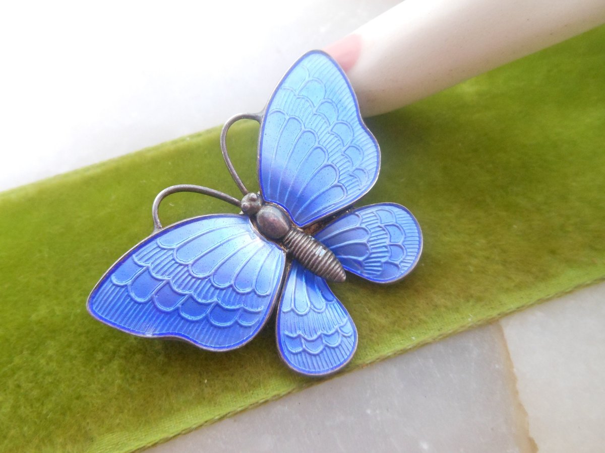Vintage VOLMER BAHNER Denmark Brooch STERLING Silver Butterfly Pin Enamel Blue Guilloche 925 Designer Mid Century Jewelry, VivianJoel.com