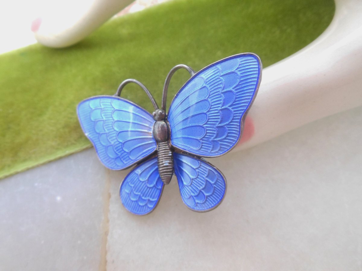Vintage VOLMER BAHNER Denmark Brooch STERLING Silver Butterfly Pin Enamel Blue Guilloche 925 Designer Mid Century Jewelry, VivianJoel.com