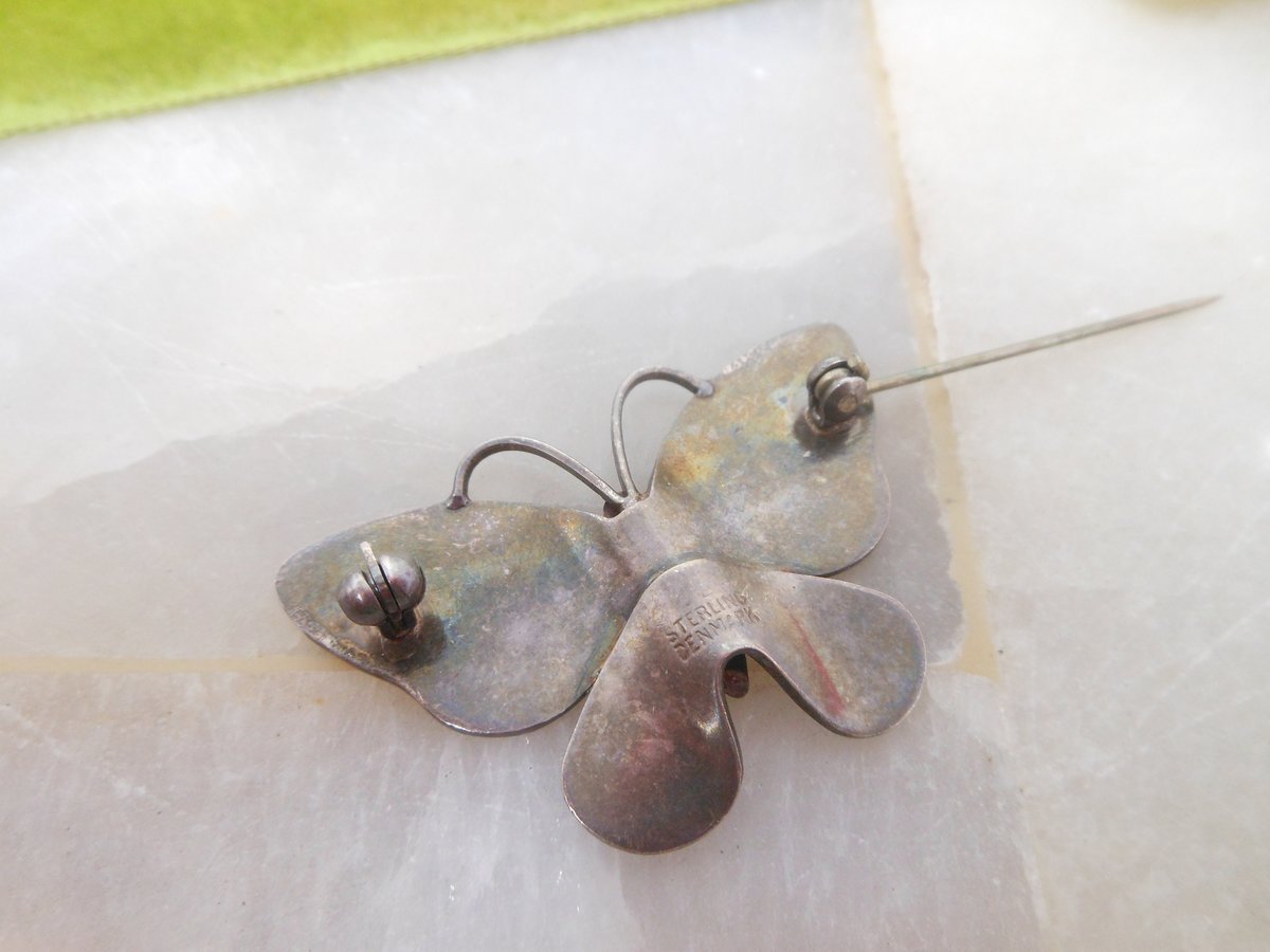 Vintage VOLMER BAHNER Denmark Brooch STERLING Silver Butterfly Pin Enamel Blue Guilloche 925 Designer Mid Century Jewelry, VivianJoel.com