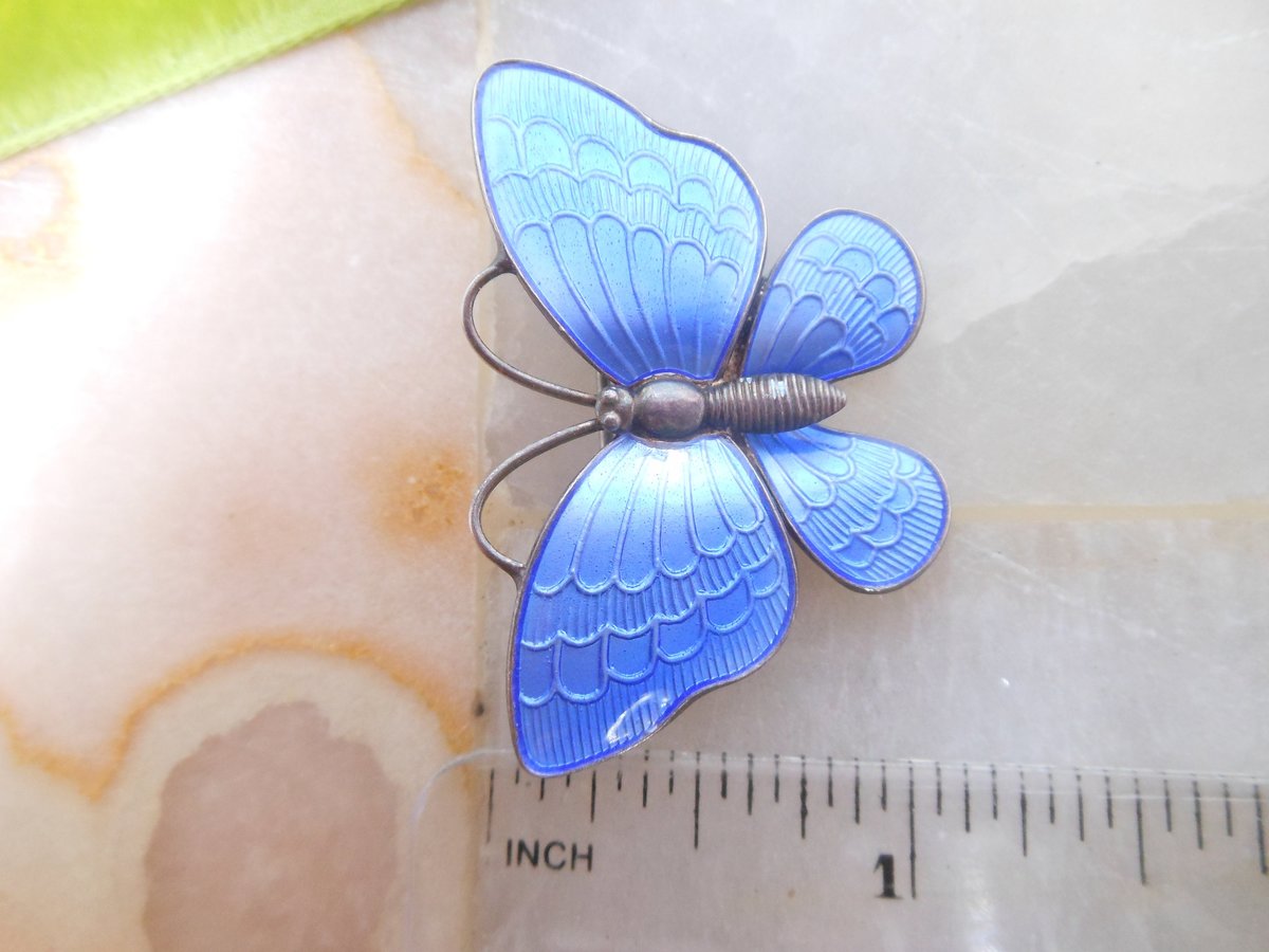 Vintage VOLMER BAHNER Denmark Brooch STERLING Silver Butterfly Pin Enamel Blue Guilloche 925 Designer Mid Century Jewelry, VivianJoel.com