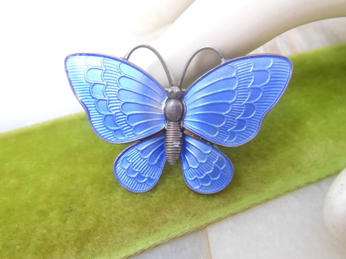 Vintage VOLMER BAHNER Denmark Brooch STERLING Silver Butterfly Pin Enamel Blue Guilloche 925 Designer Mid Century Jewelry, VivianJoel.com