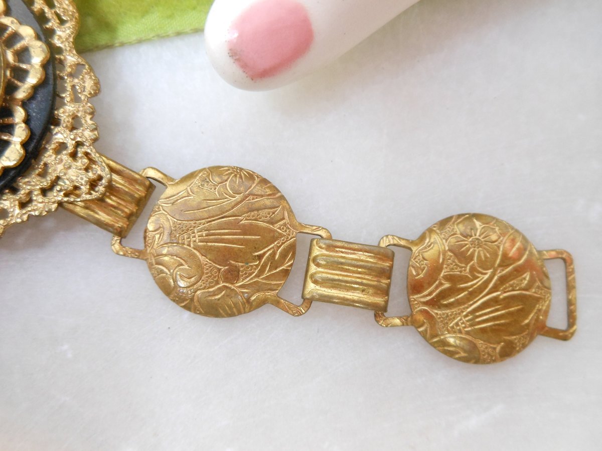 Vintage SIAM Dancing Goddess Bracelet Ornate Brass Enamel Niello Designer Mid Century Jewelry, VivianJoel.com