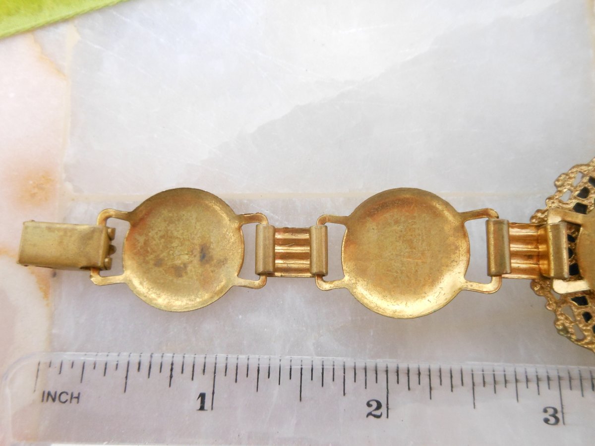 Vintage SIAM Dancing Goddess Bracelet Ornate Brass Enamel Niello Designer Mid Century Jewelry, VivianJoel.com