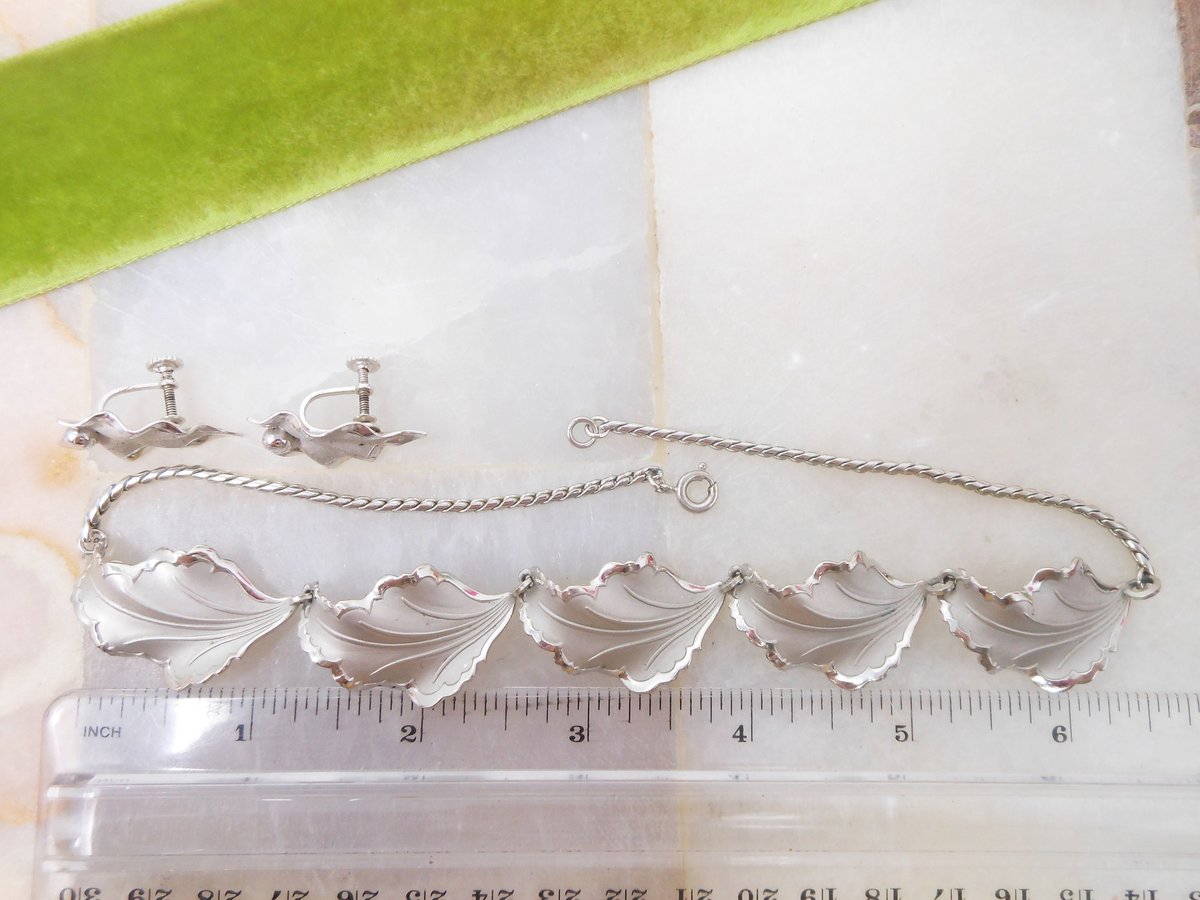 Vintage STERLING Silver Necklace Earrings Set BOND BOYD Screw Back 925 Ruffled Leaf Designer Mid Century Jewelry Gift, VivianJoel.com