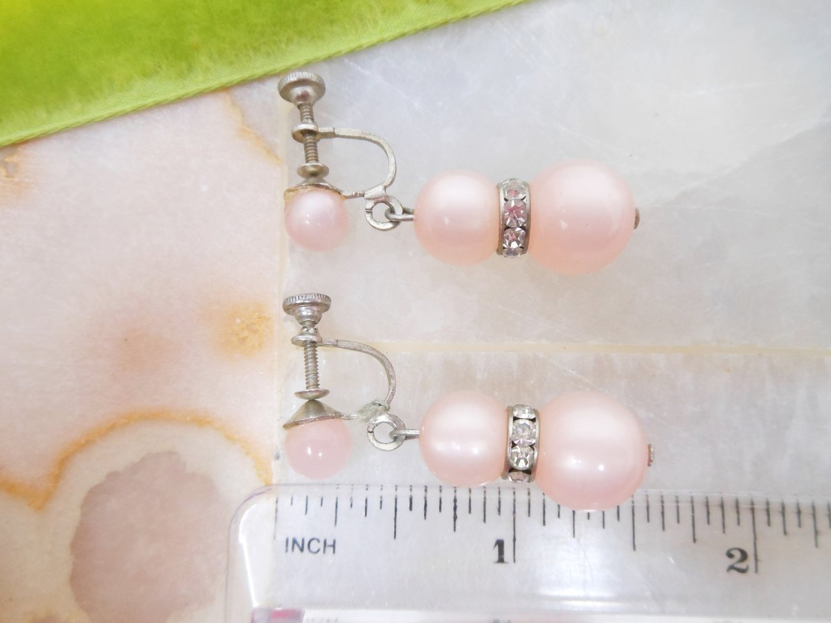 Vintage Pink Earrings Moonglow Bead Screw Back Rhinestone Rondelle Plastic Dangle Drop Jewelry Gift Mid Century, VivianJoel.com
