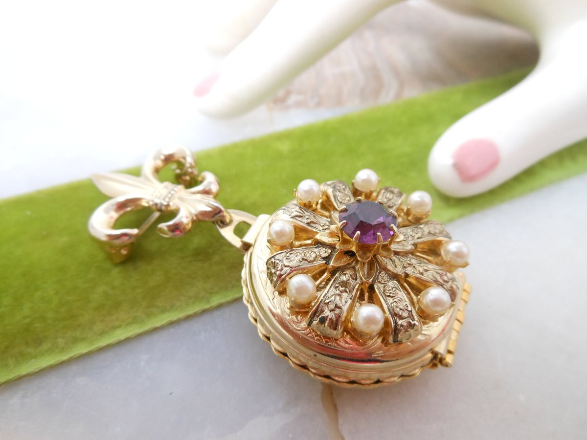 Vintage CORO Pegasus 6 Photo Book Locket Brooch Amethyst Pin Victorian Regency Revival Designer Mid Century Jewelry Gift, VivianJoel.com