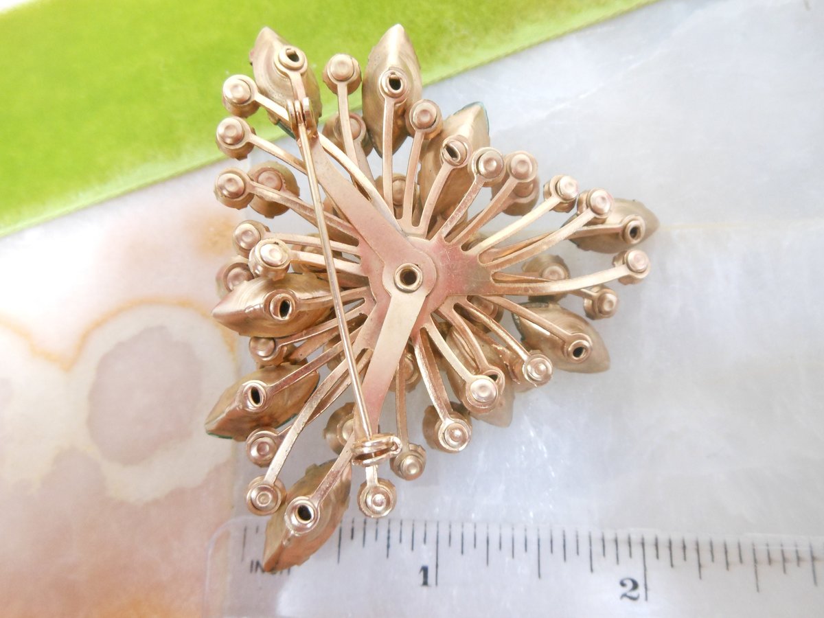 Vintage Emerald Green Brooch Rhinestone Pin Starburst Explosion Triangle Shield Jewelry Mid Century Gift, VivianJoel.com