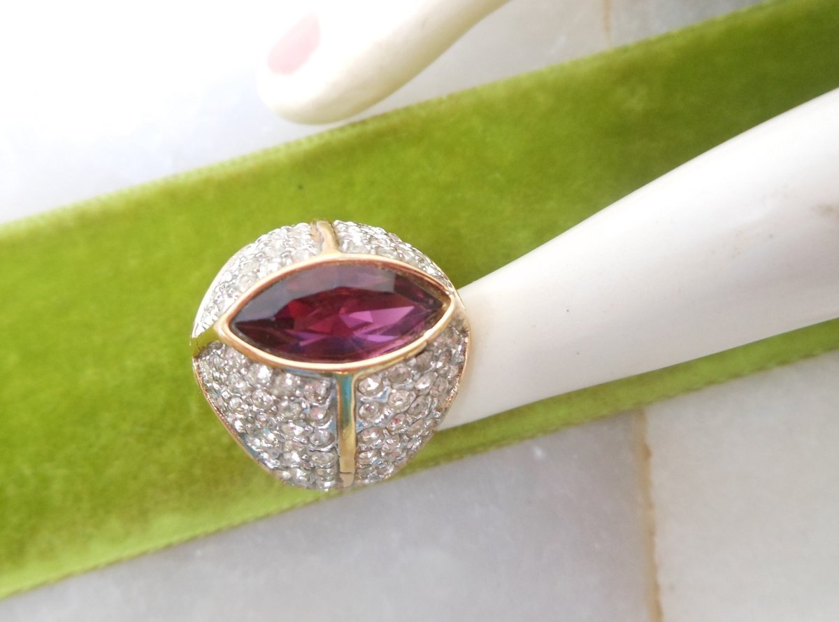 Vintage BLANCA Statement Ring Pave Crystal Rhinestone Amethyst Purple Designer Jewelry Gift Size 7.5 Chunky Runway 80s, VivianJoel.com