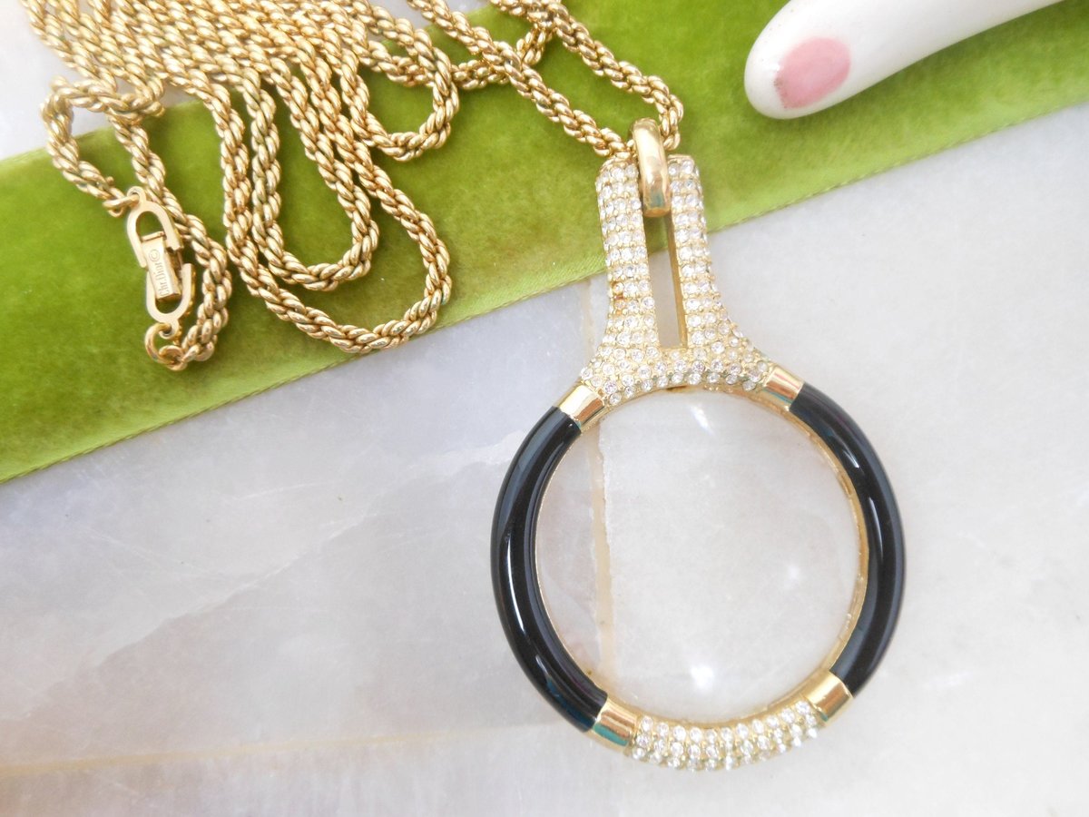 Vintage CHRISTIAN DIOR Germany Lorgnette Pendant Necklace Magnifier Glass Pave Crystal Black Enamel Designer Jewelry MCM, VivianJoel.com