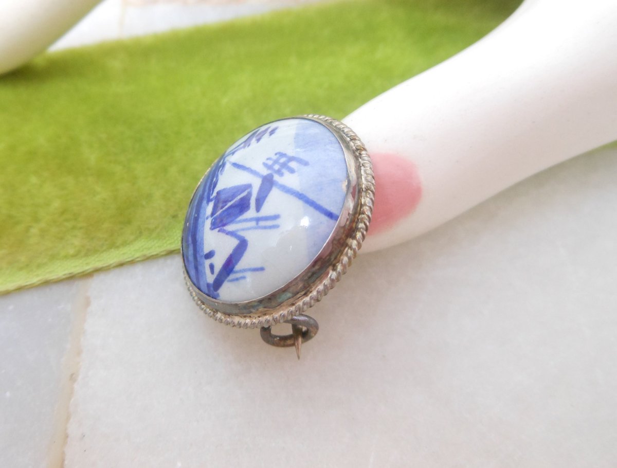Vintage DELFTS Dutch Windmill Pin Brooch Petite Blue White Porcelain Sterling Silver Mid Century Jewelry Gift, VivianJoel.com