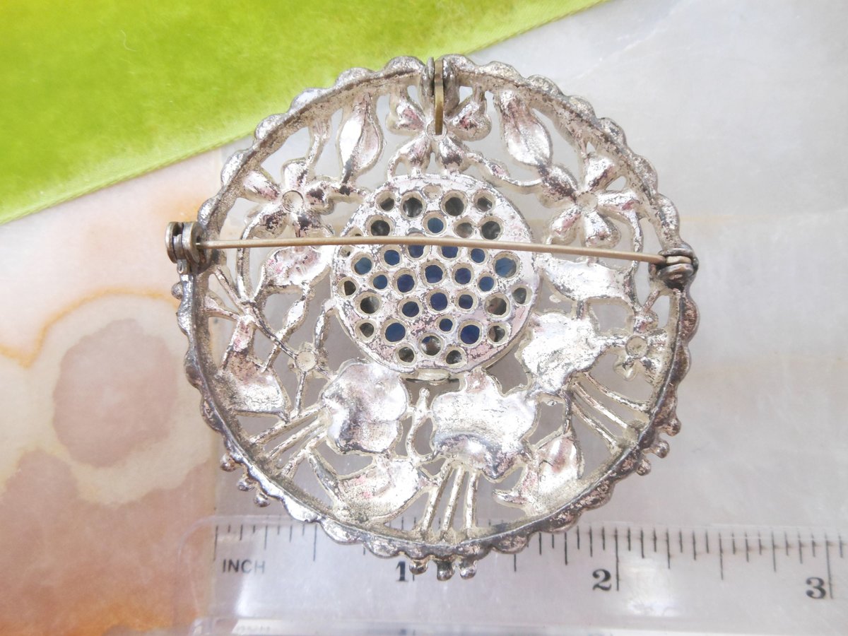 Vintage Perfume Brooch Vinaigrette Pomander Locket Pin Pendant Blue Flower Ornate Jewelry Mid Century, VivianJoel.com