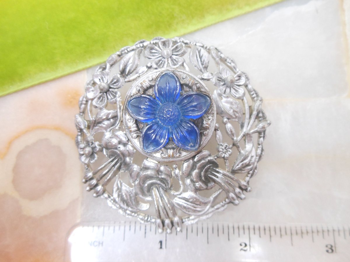Vintage Perfume Brooch Vinaigrette Pomander Locket Pin Pendant Blue Flower Ornate Jewelry Mid Century, VivianJoel.com