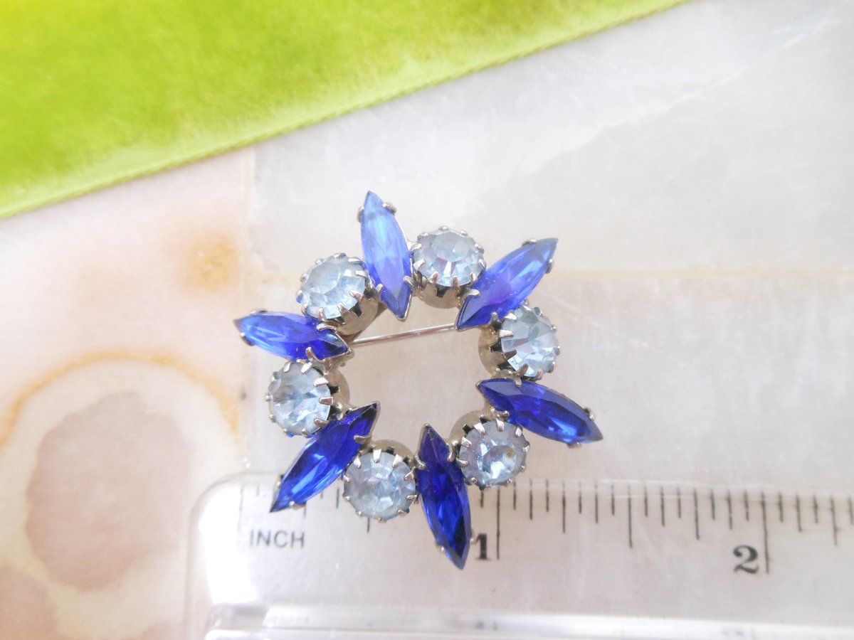 Vintage Blue Rhinestone Brooch Starburst Pin Sapphire Petite Wreath Infinity Circle Mid Century Jewelry Gift, VivianJoel.com
