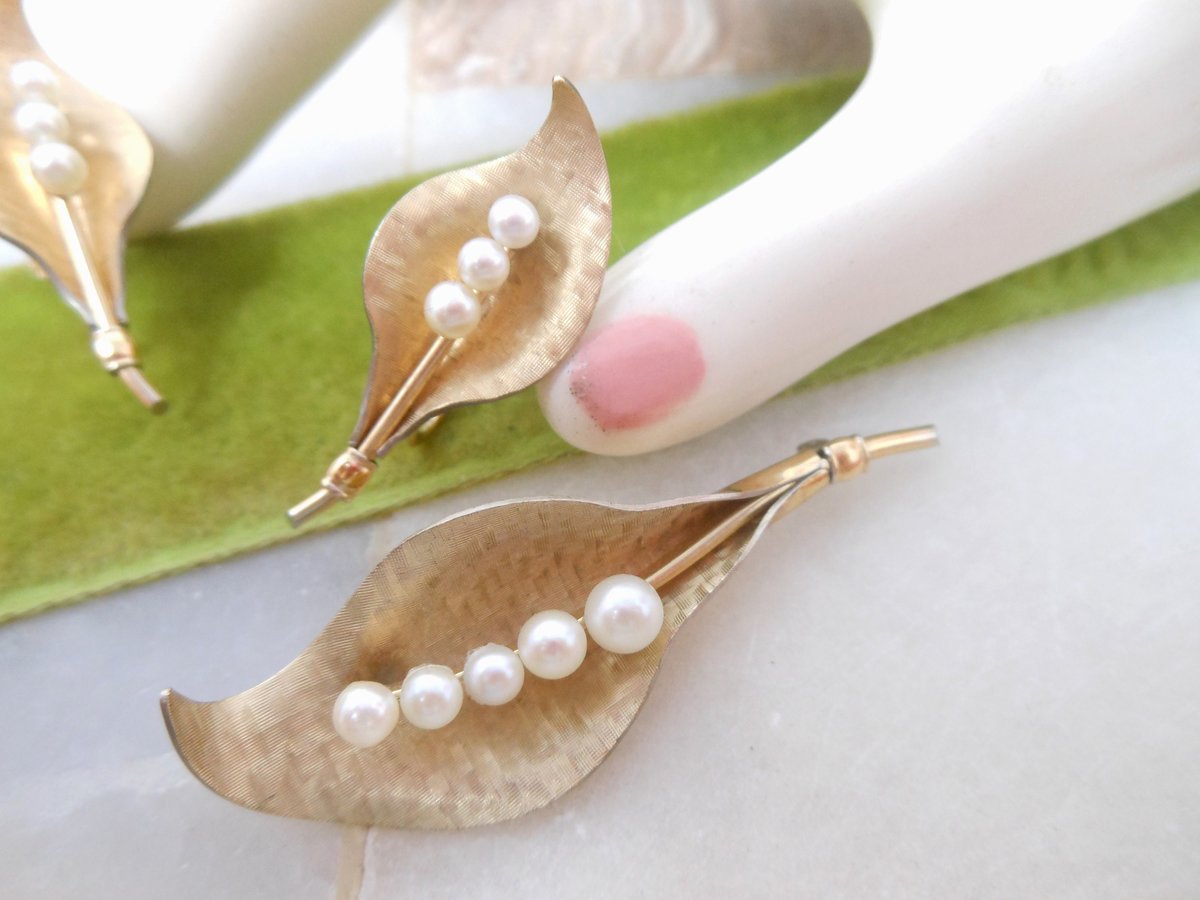 Vintage KREMENTZ Brooch Earrings Set Cultured Pearl Leaf Pin Gold Overlay Designer Mid Century Jewelry Gift, VivianJoel.com