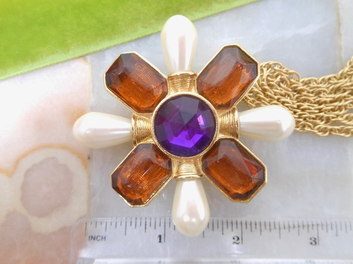 Vintage AVON Maltese Cross Pendant Necklace Mogul Pearl Chunky Brooch Statement Runway Jewelry Gift Classic, VivianJoel.com
