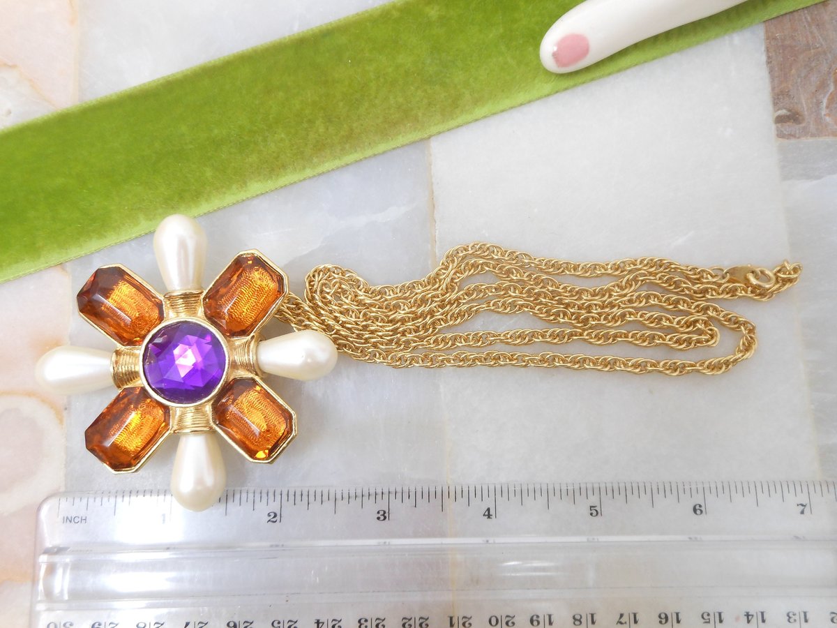 Vintage AVON Maltese Cross Pendant Necklace Mogul Pearl Chunky Brooch Statement Runway Jewelry Gift Classic, VivianJoel.com