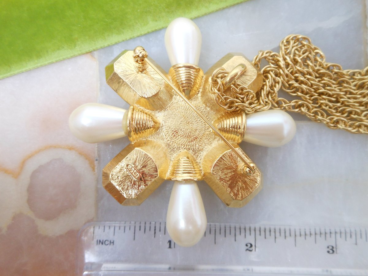 Vintage AVON Maltese Cross Pendant Necklace Mogul Pearl Chunky Brooch Statement Runway Jewelry Gift Classic, VivianJoel.com