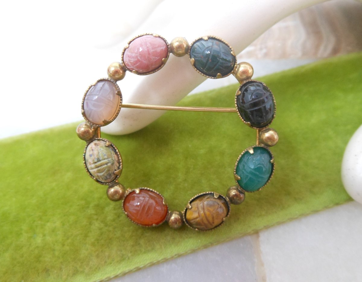 Vintage BAL RON Gold Fill Brooch Scarab Beetle Pin Wreath Circle 12K GF Egyptian Revival Mid Century Jewelry Gift, VivianJoel.com