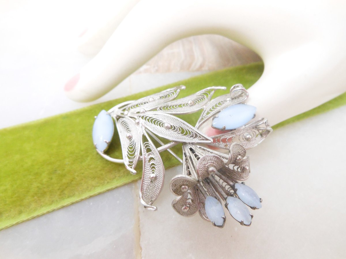 Vintage ENZELL Sterling Silver Brooch Filigree Flower Bouquet Pin Blue Moonstone Glass 925 Designer Mid Century Jewelry Gift, VivianJoel.com