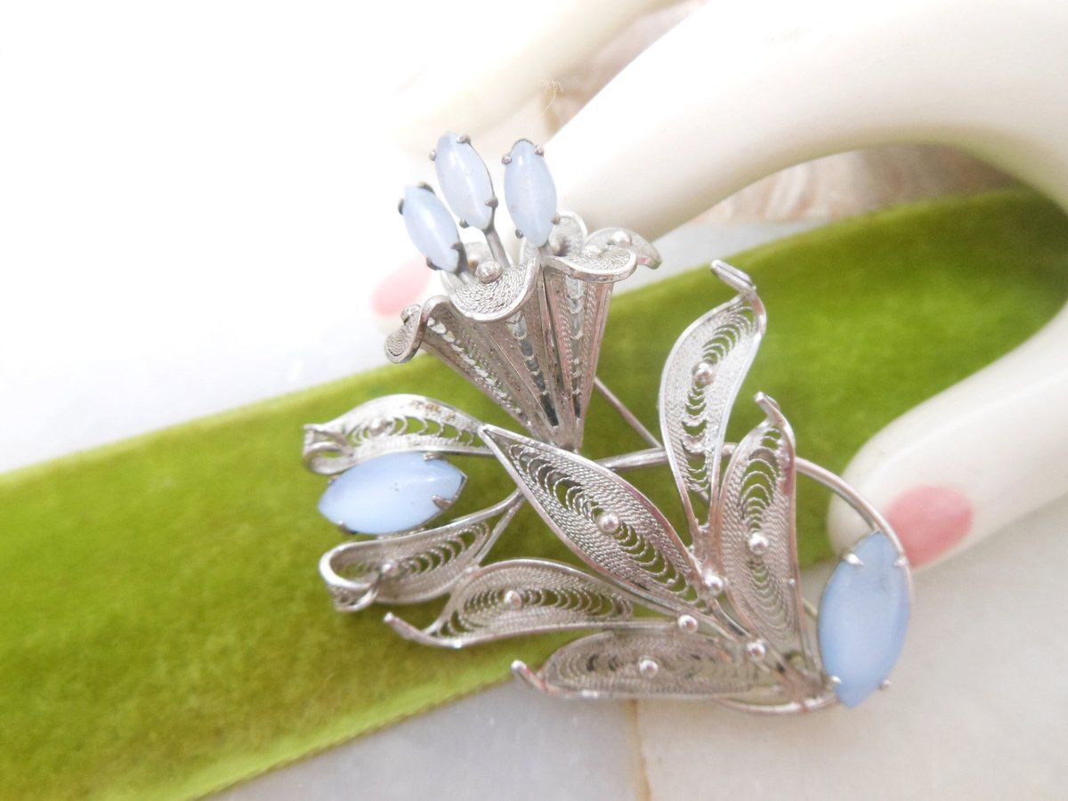 Vintage ENZELL Sterling Silver Brooch Filigree Flower Bouquet Pin Blue Moonstone Glass 925 Designer Mid Century Jewelry Gift, VivianJoel.com