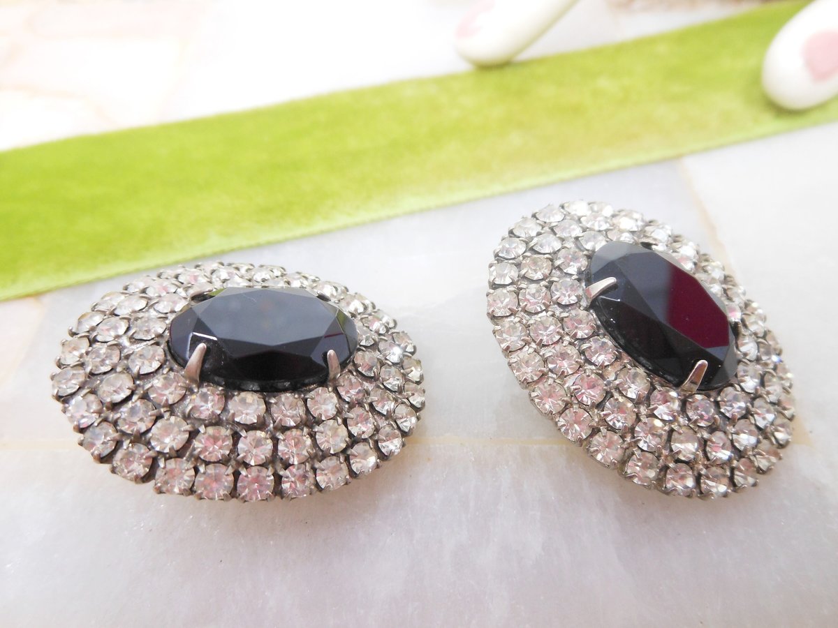 Vintage Black Rhinestone Earrings Deco Clip On Jumbo Black Regency Renaissance Revival Jewelry Mid Century, VivianJoel.com
