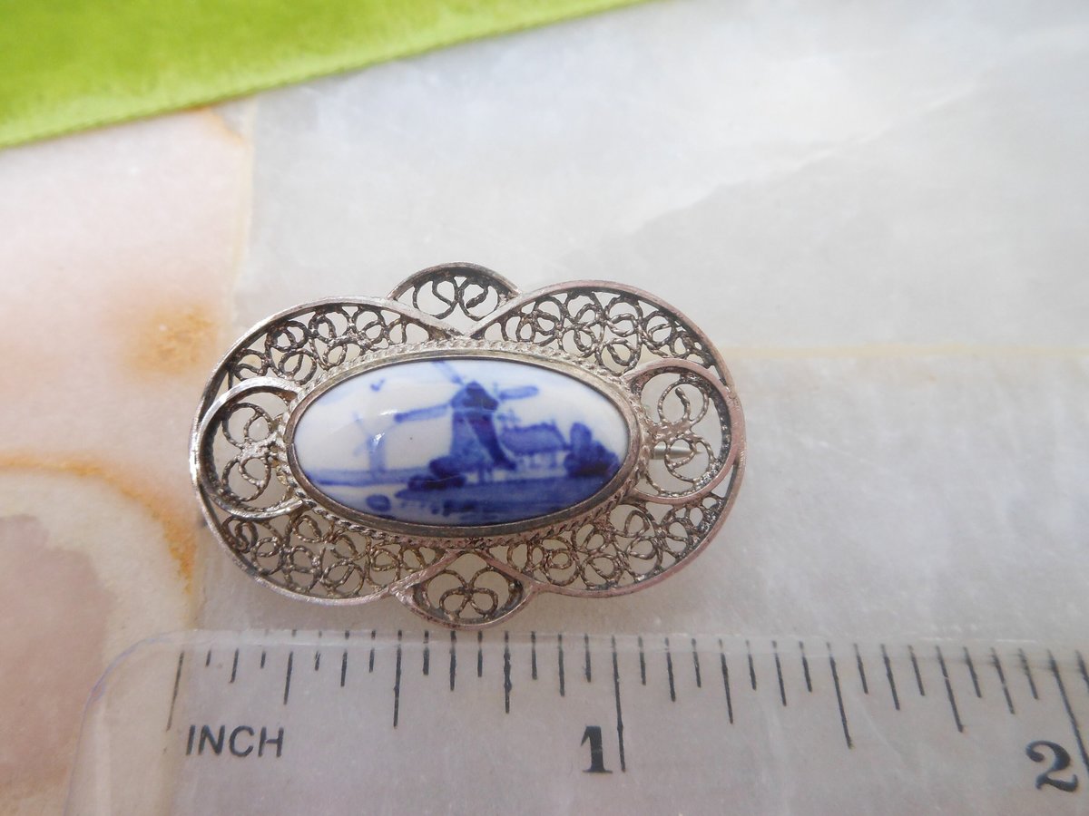 Vintage DELFTS Brooch Dutch Windmill Filigree Pin Blue White Porcelain STERLING SILVER Mid Century Jewelry Gift, VivianJoel.com