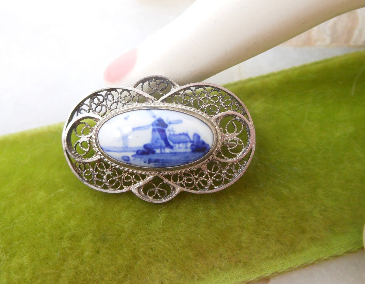 Vintage DELFTS Brooch Dutch Windmill Filigree Pin Blue White Porcelain STERLING SILVER Mid Century Jewelry Gift, VivianJoel.com