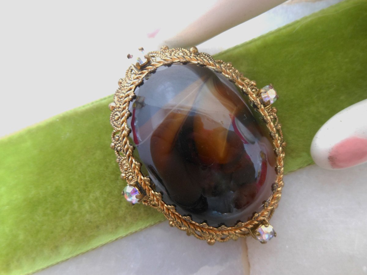 Vintage WEST GERMANY Brooch Root Beer Slag Art Glass Pin Ornate Gift Victorian Regency Revival Jewelry Mid Century, VivianJoel.com