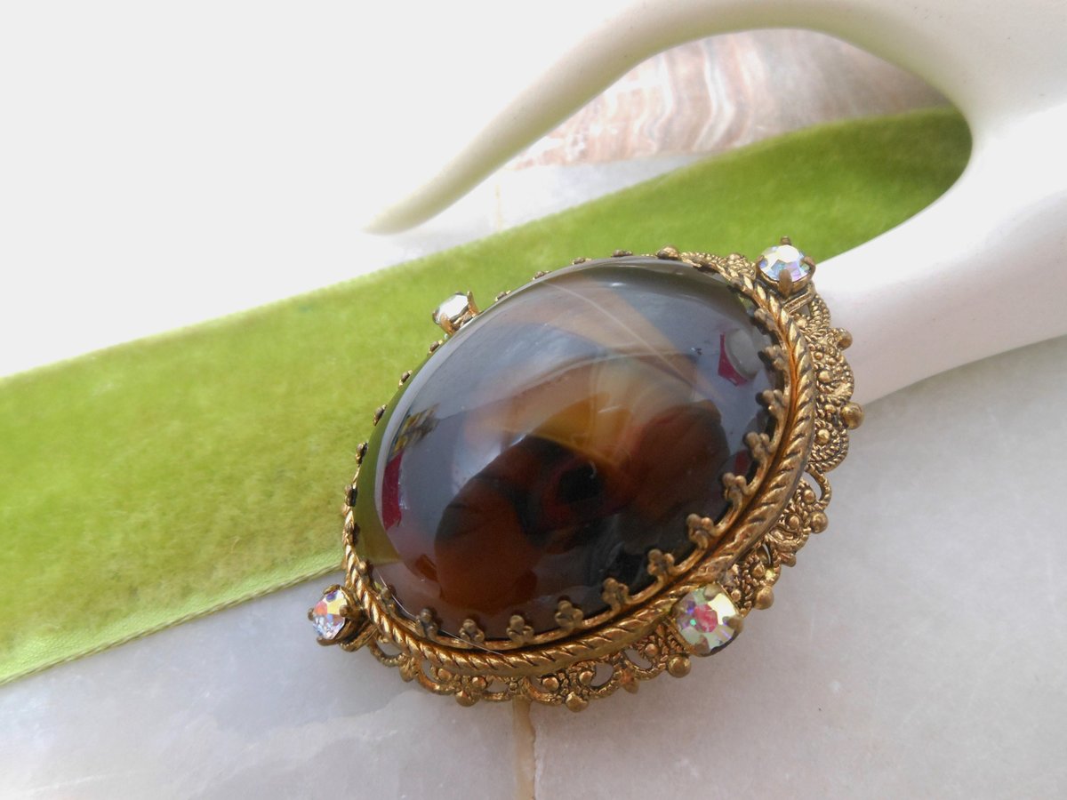 Vintage WEST GERMANY Brooch Root Beer Slag Art Glass Pin Ornate Gift Victorian Regency Revival Jewelry Mid Century, VivianJoel.com