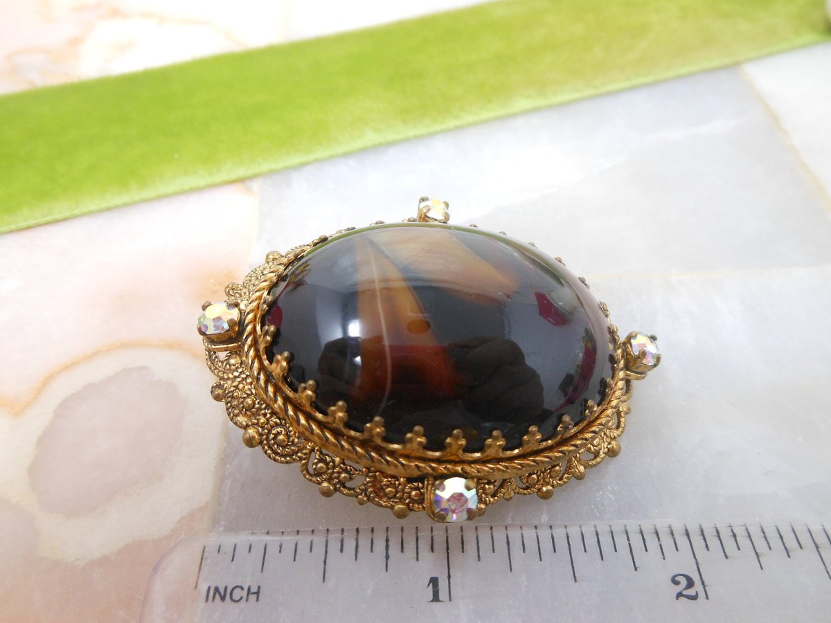 Vintage WEST GERMANY Brooch Root Beer Slag Art Glass Pin Ornate Gift Victorian Regency Revival Jewelry Mid Century, VivianJoel.com