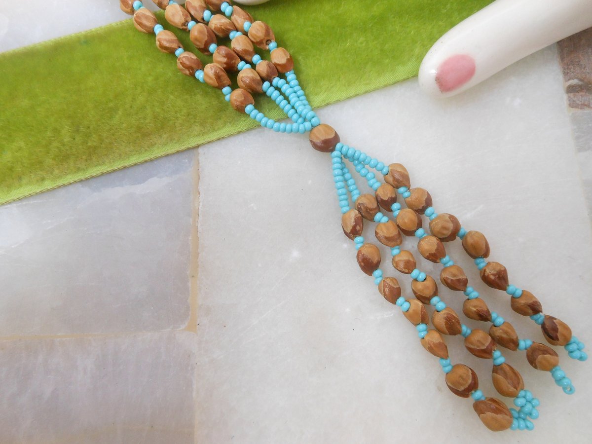 Vintage Blue Seed Bead Pendant Necklace Tassel Fringe Aqua Boho Summer Mid Century Artisan Jewelry Gift, VivianJoel.com
