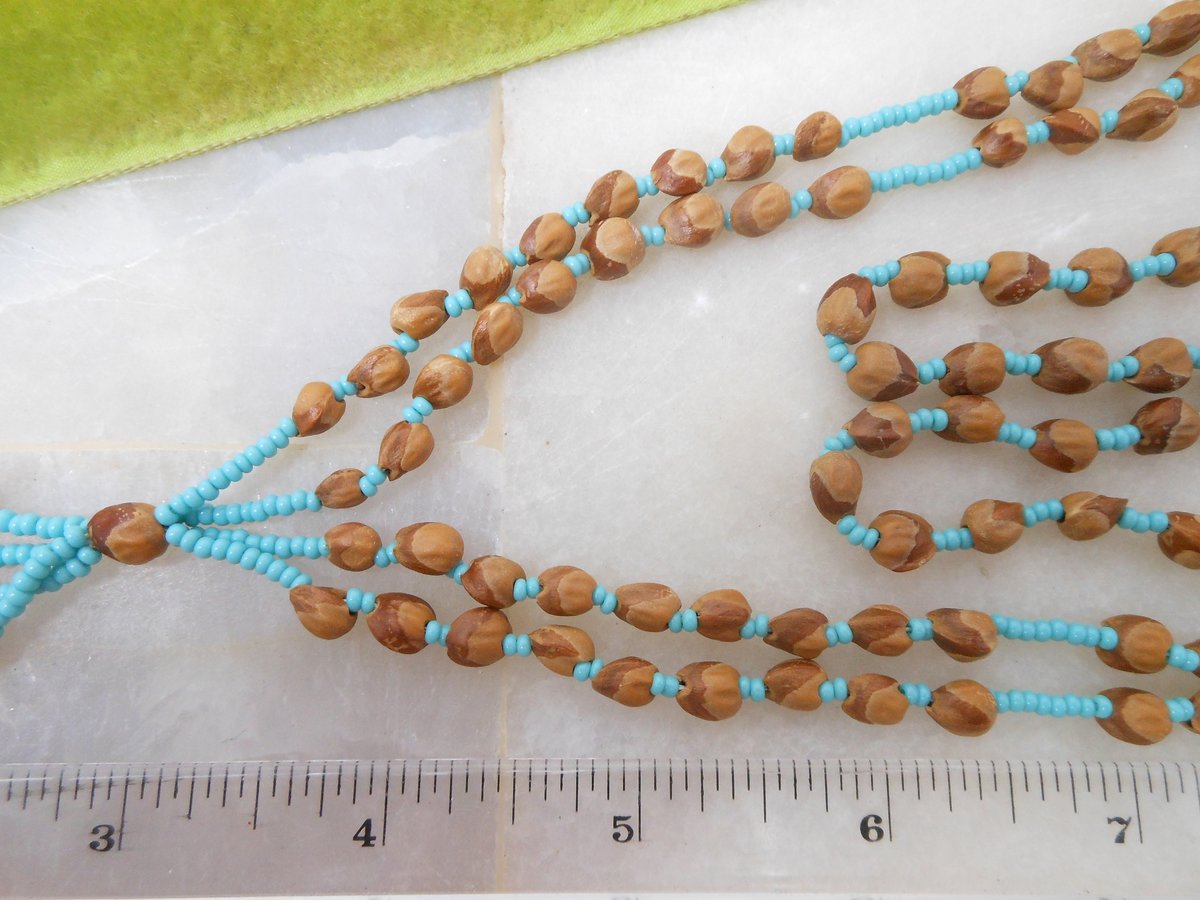 Vintage Blue Seed Bead Pendant Necklace Tassel Fringe Aqua Boho Summer Mid Century Artisan Jewelry Gift, VivianJoel.com