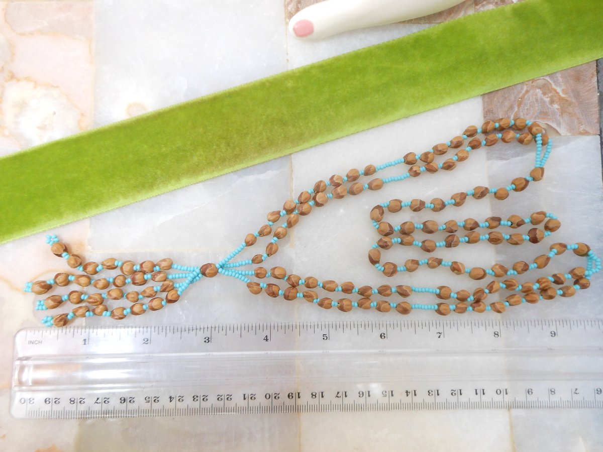 Vintage Blue Seed Bead Pendant Necklace Tassel Fringe Aqua Boho Summer Mid Century Artisan Jewelry Gift, VivianJoel.com