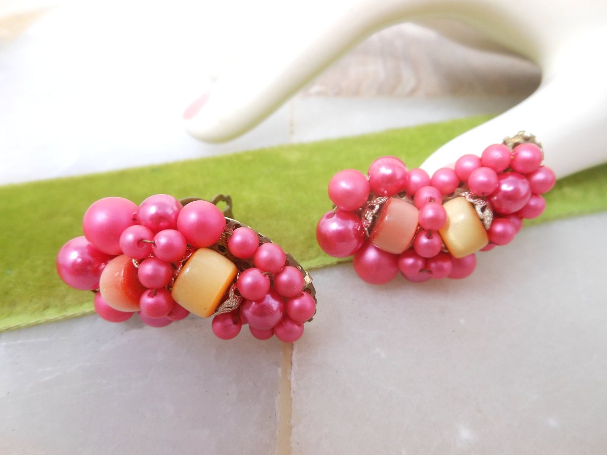Vintage Pink Earrings Plastic Bead Cluster Clip On Ear Climbers Jewelry Japan Mid Century, VivianJoel.com