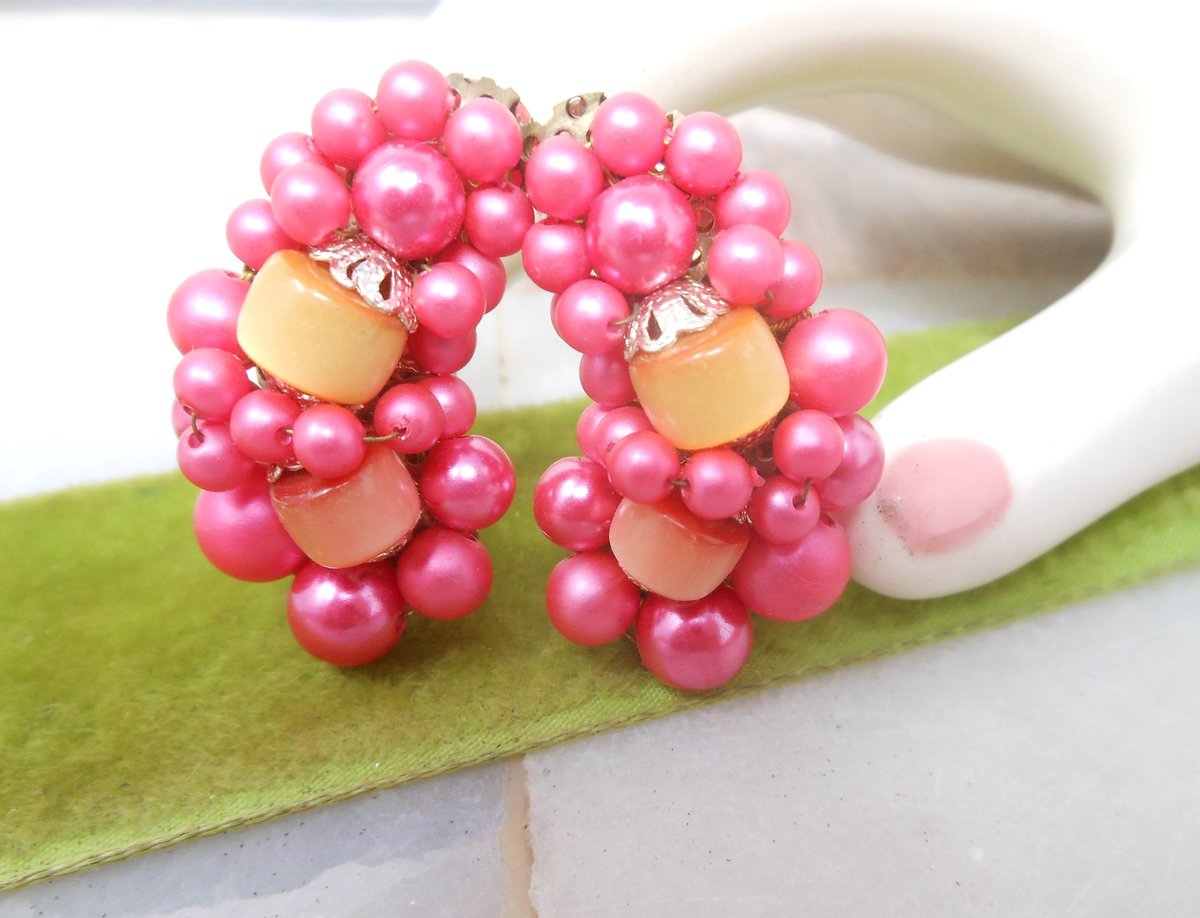 Vintage Pink Earrings Plastic Bead Cluster Clip On Ear Climbers Jewelry Japan Mid Century, VivianJoel.com