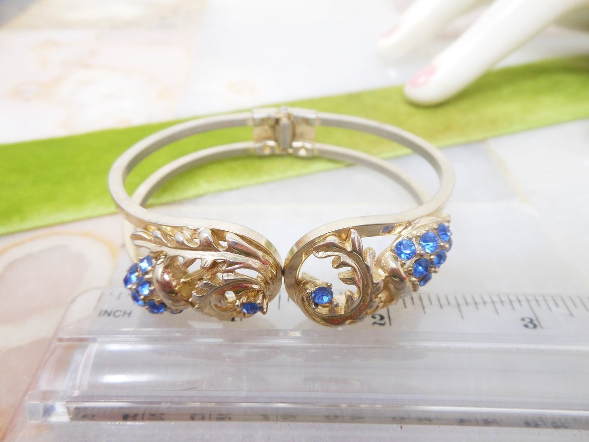 Vintage Rhinestone Blue Bracelet Cuff Clamper Bangle Mid Century Jewelry Gift, VivianJoel.com