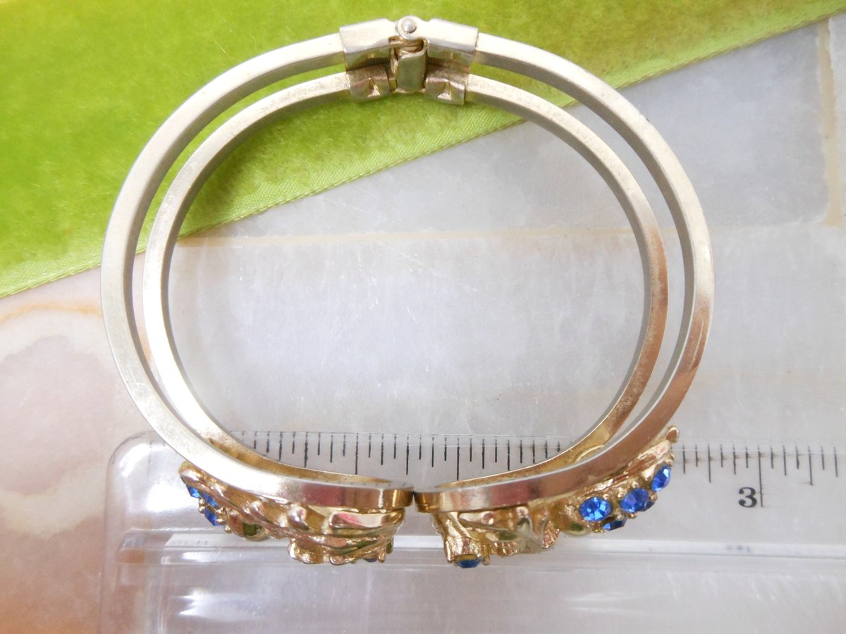 Vintage Rhinestone Blue Bracelet Cuff Clamper Bangle Mid Century Jewelry Gift, VivianJoel.com