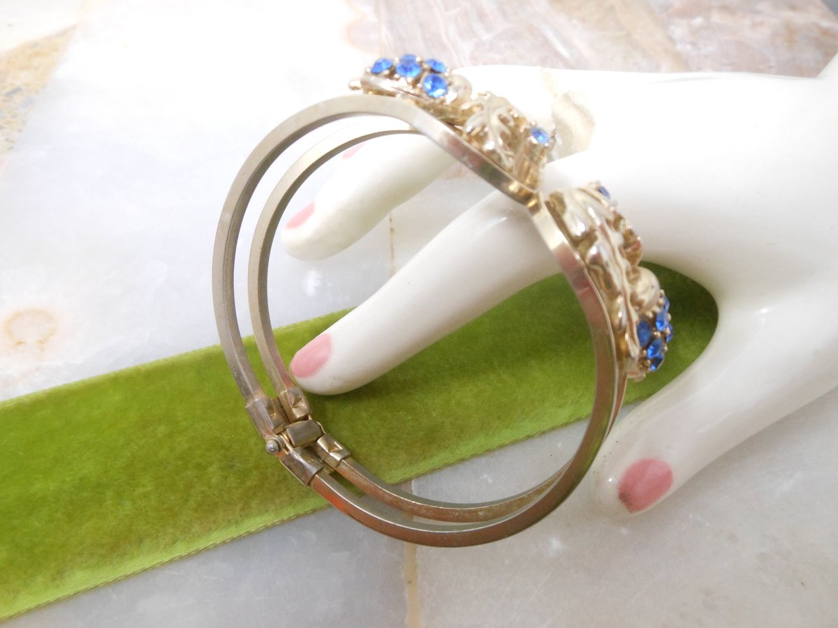 Vintage Rhinestone Blue Bracelet Cuff Clamper Bangle Mid Century Jewelry Gift, VivianJoel.com