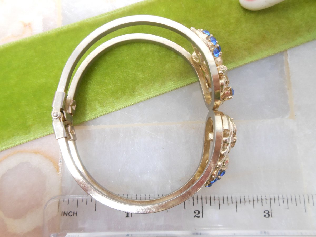 Vintage Rhinestone Blue Bracelet Cuff Clamper Bangle Mid Century Jewelry Gift, VivianJoel.com