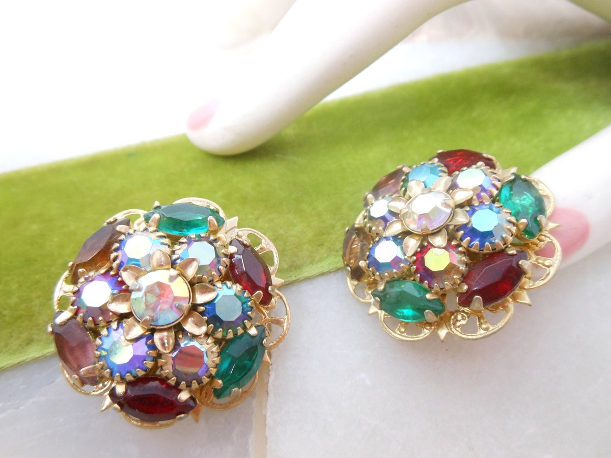 Vintage Fruit Salad Earrings Rhinestone Crystal Clip On Ornate Victorian Regency Revival Mid Century Jewelry Gift, VivianJoel.com