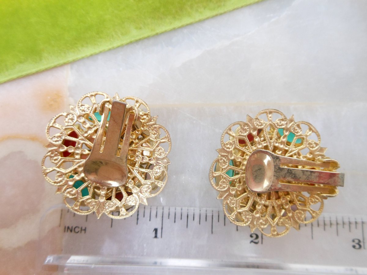 Vintage Fruit Salad Earrings Rhinestone Crystal Clip On Ornate Victorian Regency Revival Mid Century Jewelry Gift, VivianJoel.com