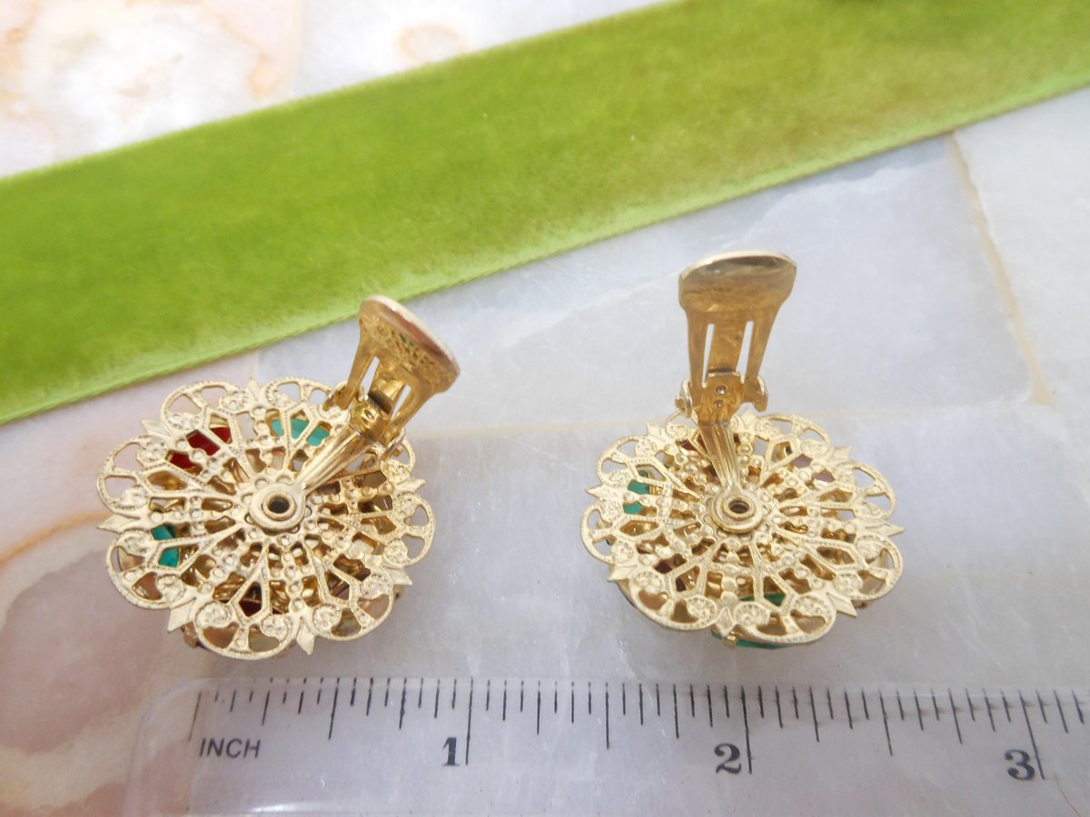 Vintage Fruit Salad Earrings Rhinestone Crystal Clip On Ornate Victorian Regency Revival Mid Century Jewelry Gift, VivianJoel.com