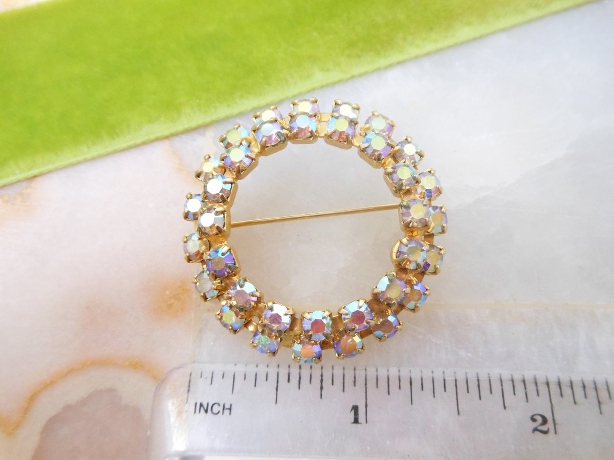 Vintage Rhinestone Circle Brooch Wreath Rainbow Sparkle Pin Aurora Borealis Mid Century Jewelry Gift, VivianJoel.com