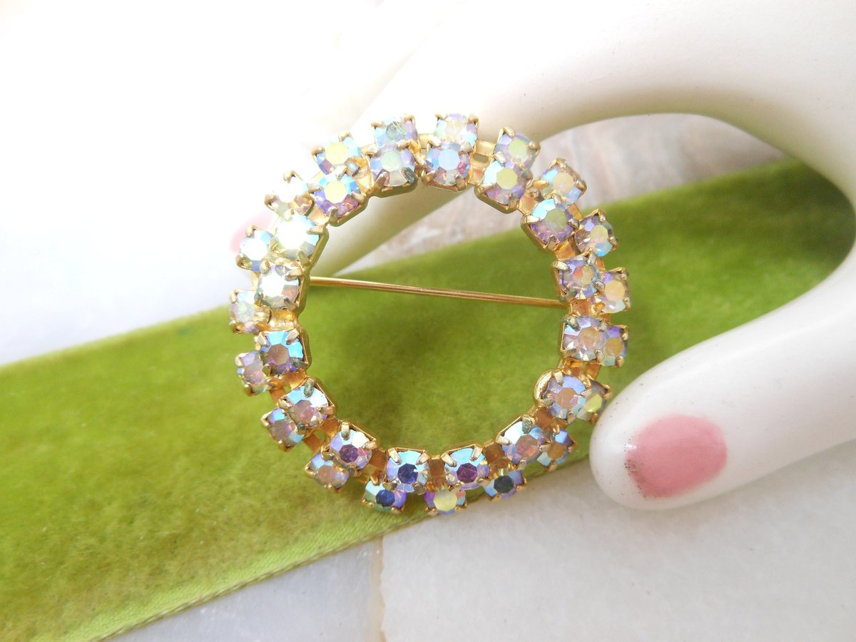 Vintage Rhinestone Circle Brooch Wreath Rainbow Sparkle Pin Aurora Borealis Mid Century Jewelry Gift, VivianJoel.com