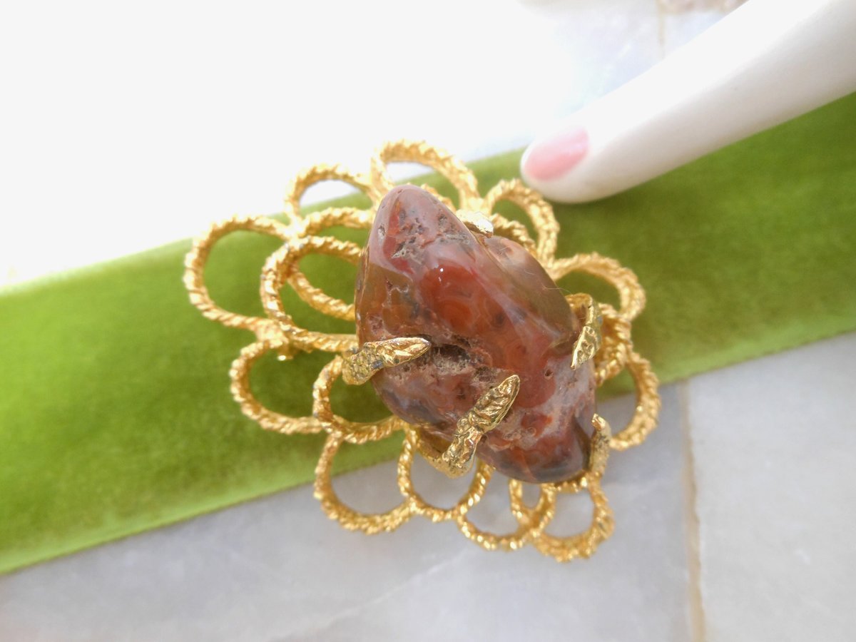 Vintage Chunky Big Agate Brooch Stone Pin Gold Tone Plate Mid Century Jewelry Gift, VivianJoel.com