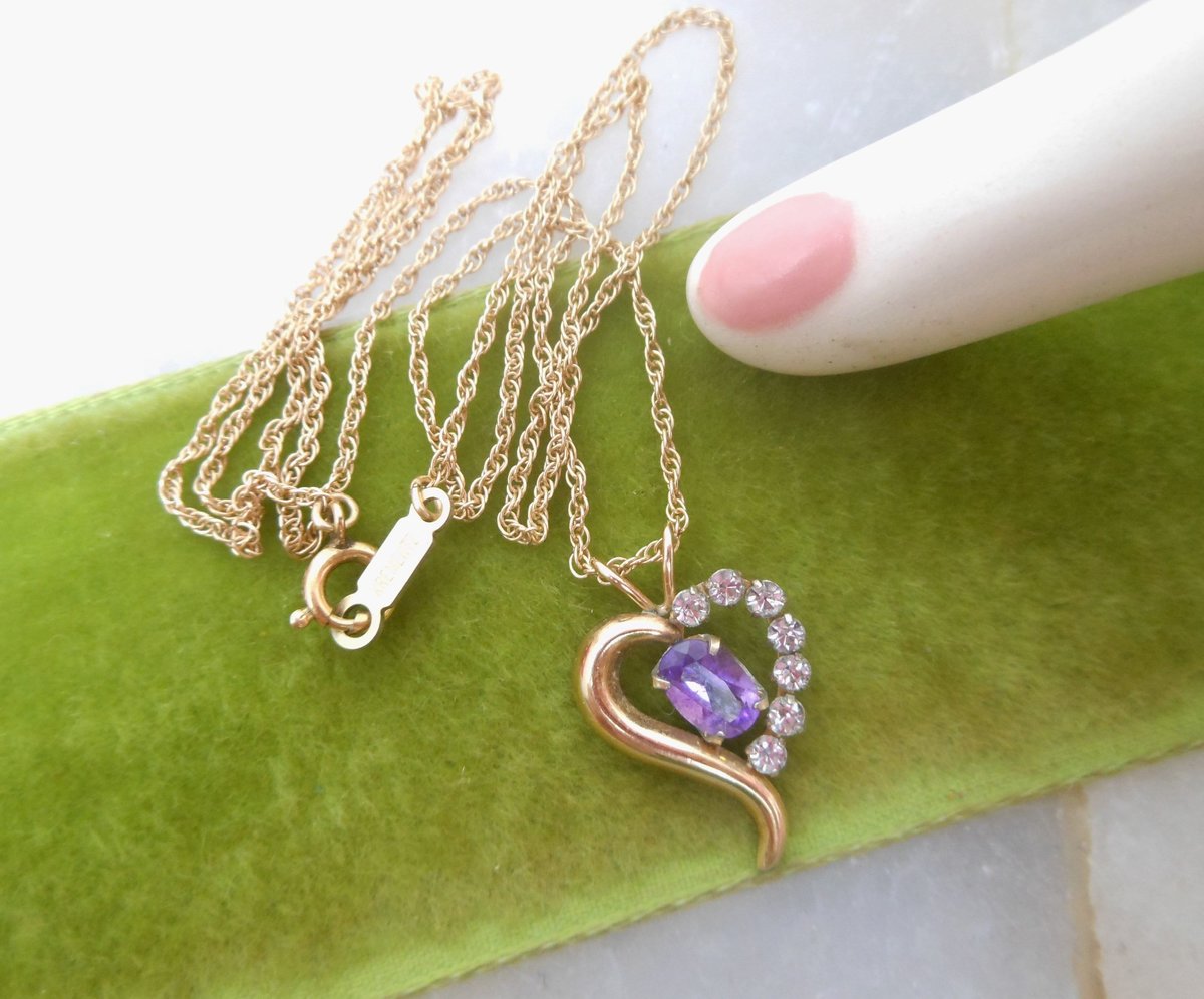 Vintage KREMENTZ Heart Pendant Necklace Minimalist Purple Clear Crystal Gold Overlay Designer Mid Century Jewelry Gift, VivianJoel.com